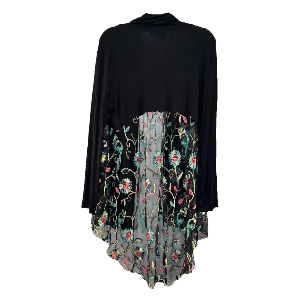 Kim & Cami Black Floral Mesh Open Front Cardigan Duster Boho Jersey Knit Size L - Picture 2 of 6